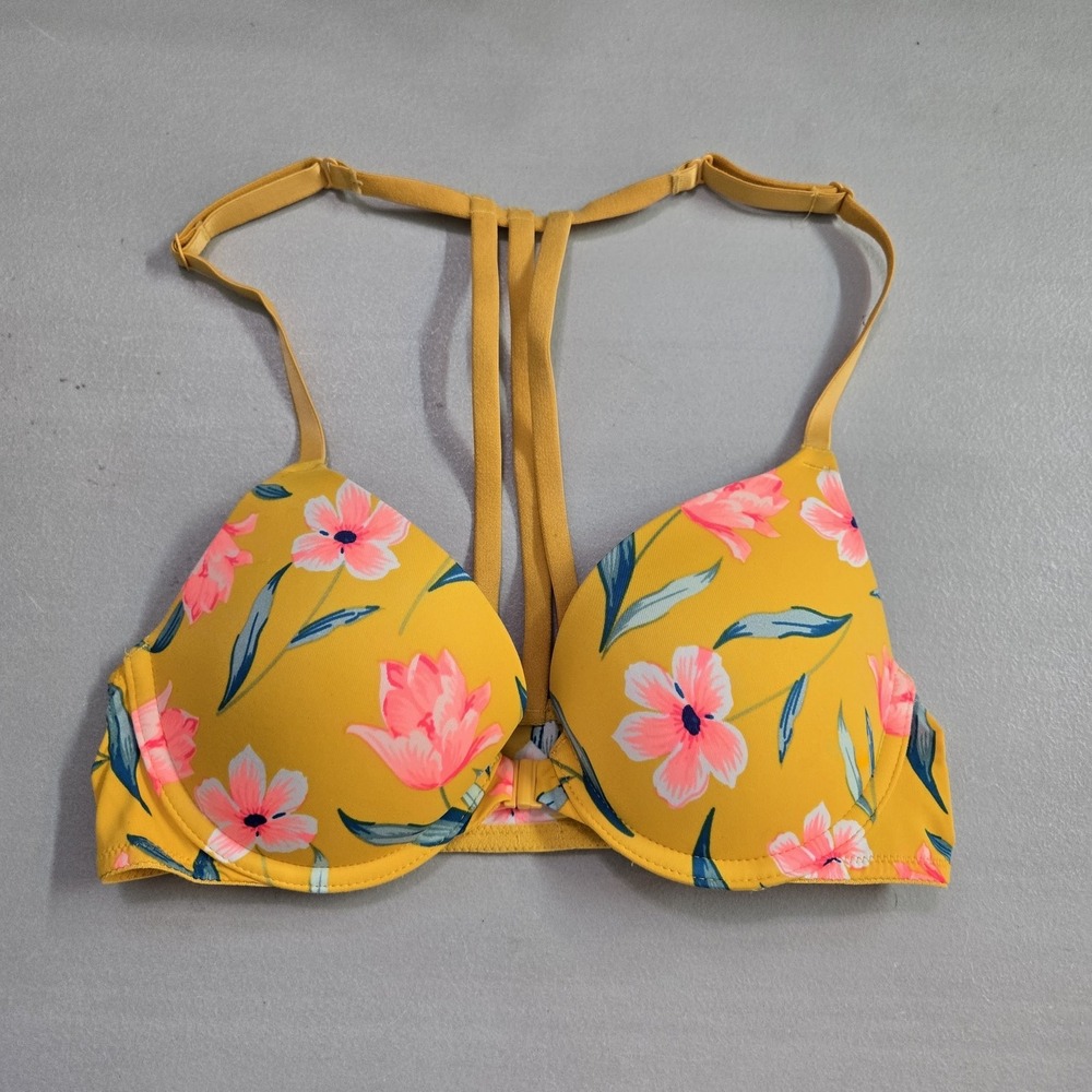 PINK‎ Women Bra 32B Yellow Front Closure Underwire Racerback Push Up